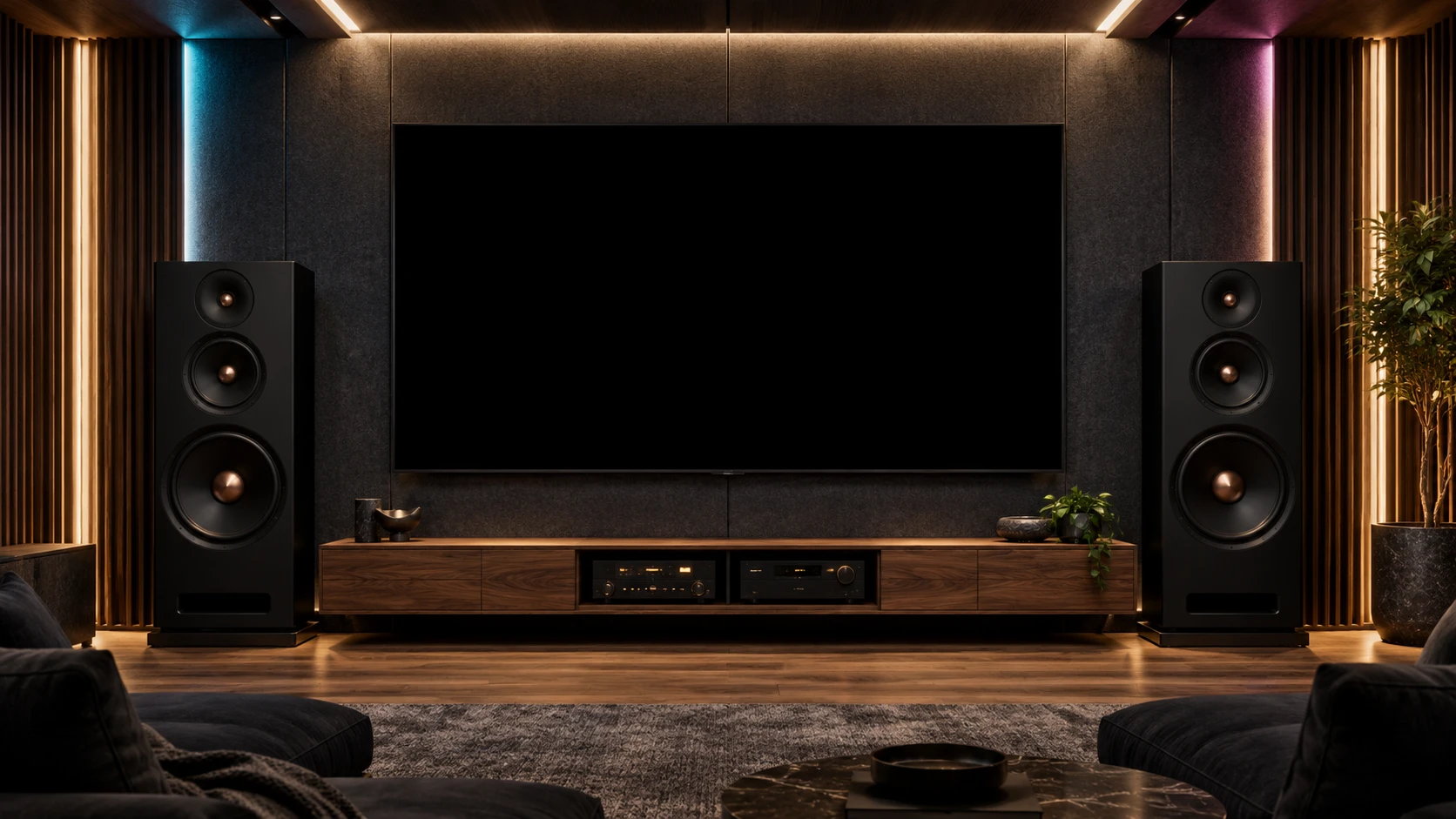Modern screening studio with walnut acoustic walls, lounge seating, two speakers, and a large television